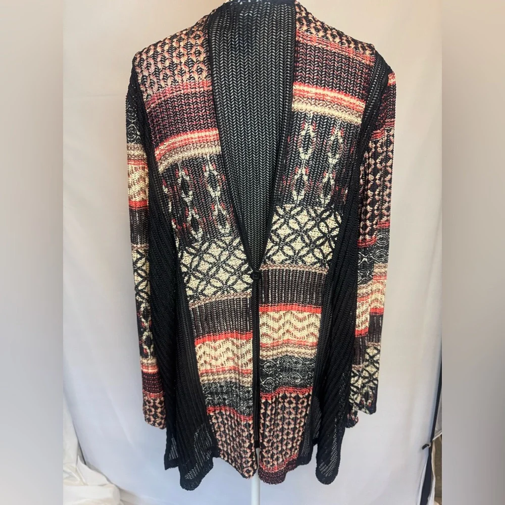 Catherines Black, Red, and Cream Textured Patterned One- Button Cardigan,